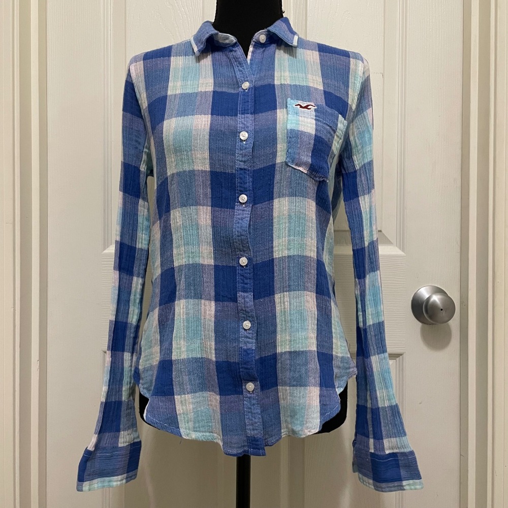 Hollister Plaid Button Up Shirt Blue White‎ Lightweight Gauze Y2K Womens Small